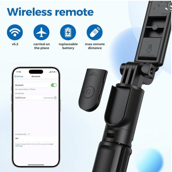 Selfie Stick Tripod, Retractable Selfie Stick Tripod w/ Wireless Remote Control - Picture 11 of 13